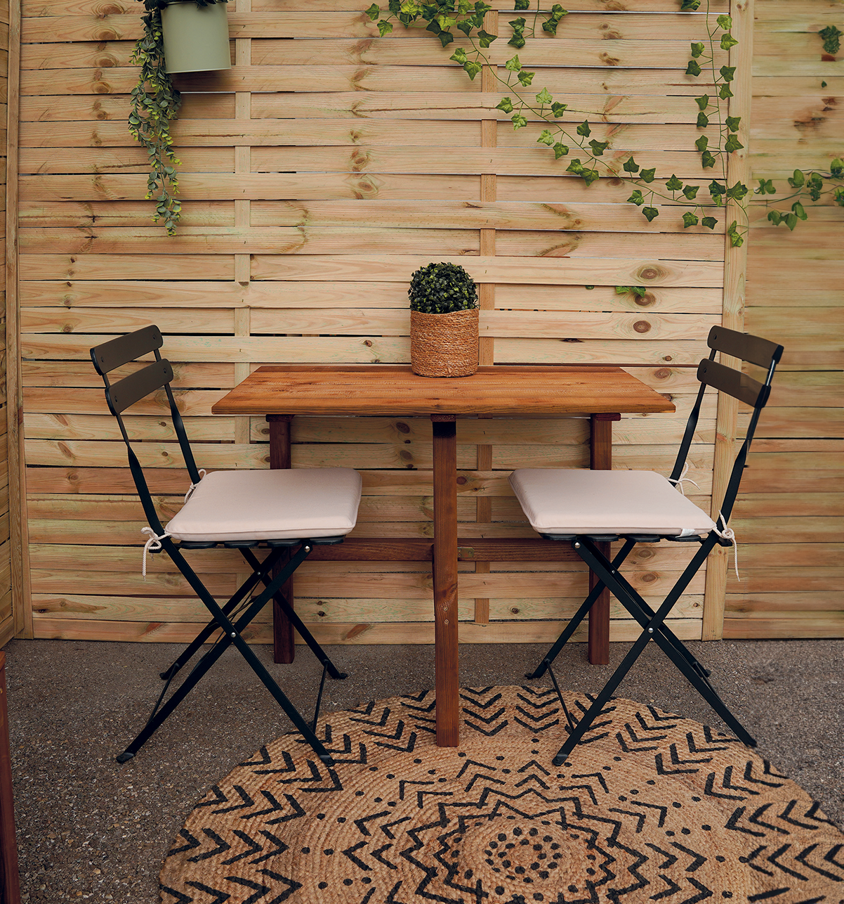 Table de jardin carrée pliante en bois FSC + 2 chaises